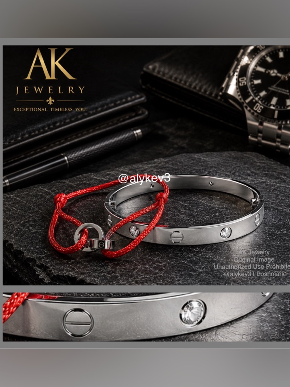 💎2 Piece MEN’S Silver Diamond Cuff Bangle & Red String Set |AK Jewelry™
